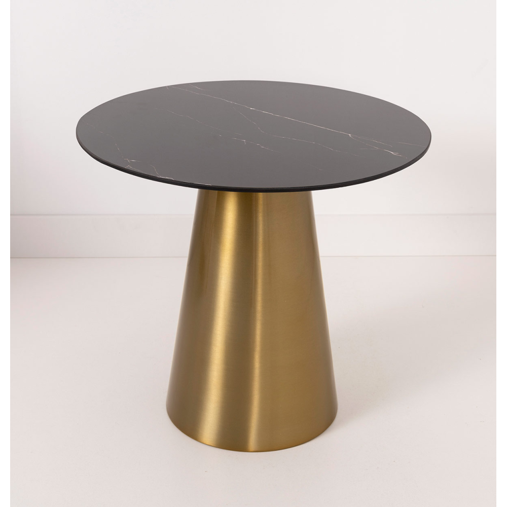 MESA AUXILIAR 56*56*52 CM. BASE METAL DORADO CONICO Y TAPA MARMOL NEGRO