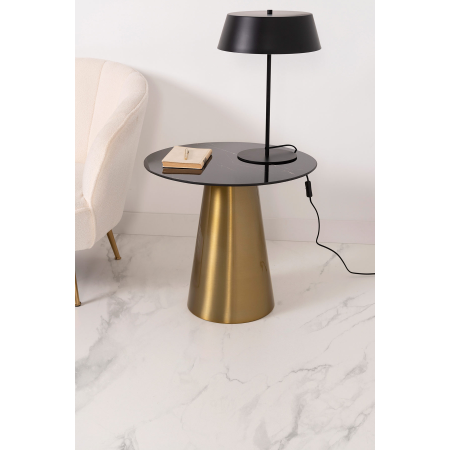 MESA AUXILIAR 56*56*52 CM. BASE METAL DORADO CONICO Y TAPA MARMOL NEGRO