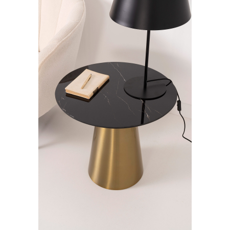 MESA AUXILIAR 56*56*52 CM. BASE METAL DORADO CONICO Y TAPA MARMOL NEGRO