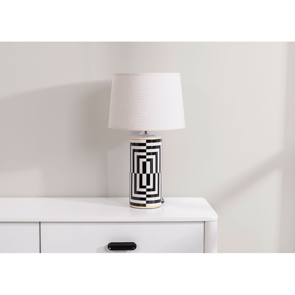 LÁMPARA CERÁMICA 28*50CM. LINEAS BLANCAS Y NEGRAS PANTALLA LINO BLANCO