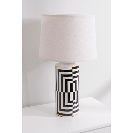 LÁMPARA CERÁMICA 28*50CM. LINEAS BLANCAS Y NEGRAS PANTALLA LINO BLANCO
