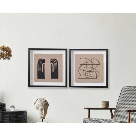 CUADRO VITRINA 60*60 CM, MARCO NEGRO Y ESCULTURA MADERA TALLADA BEIGE Y NEGRO