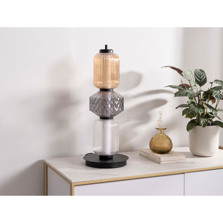 LÁMPARA SOBREMESA BOHEME. CRISTAL TALLADO ÁMBAR, TRANSPARENTE Y AHÚMADO. BASE NEGRA