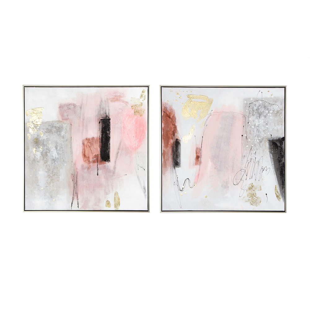 SET DE 2 CUADROS ABSTRACTOS AL OLEO PINTADOS A MANO CON MARCO PLATEADO. 2 X (70x70cm)