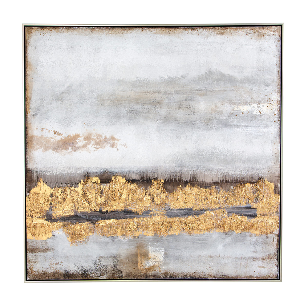 LIENZO PINTADO A MANO  AL OLEO ABSTRACTO CON MARCO PLATA. 100x100cm