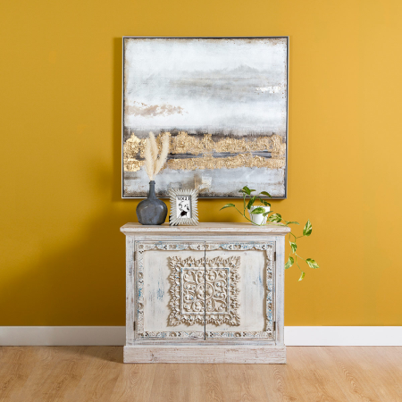 LIENZO PINTADO A MANO  AL OLEO ABSTRACTO CON MARCO PLATA. 100x100cm