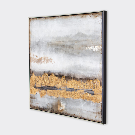 LIENZO PINTADO A MANO  AL OLEO ABSTRACTO CON MARCO PLATA. 100x100cm