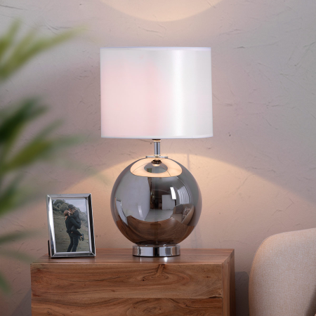 LÁMPARA BASE CRISTAL PLATA BRILLO, PANTALLA SEDA BLANCA