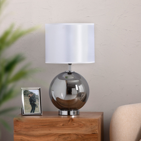 LÁMPARA BASE CRISTAL PLATA BRILLO, PANTALLA SEDA BLANCA