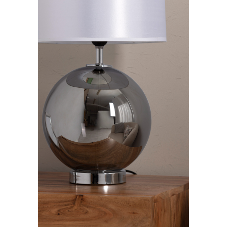 LÁMPARA BASE CRISTAL PLATA BRILLO, PANTALLA SEDA BLANCA