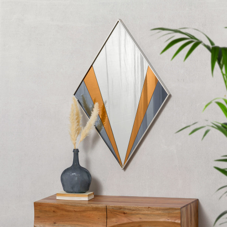 ESPEJO ART DECO CON DETALLES EN NARANJA Y AZUL. MARCO PLATA. 90x90cm