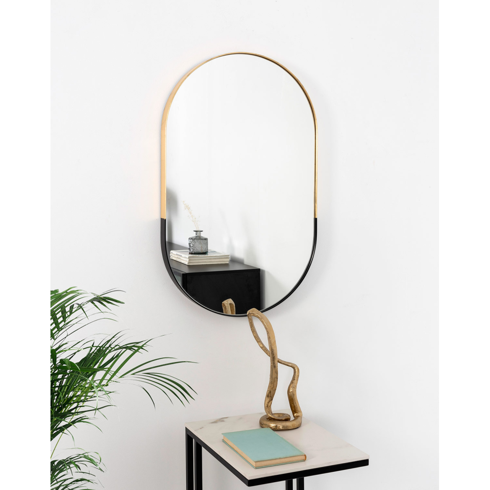 ESPEJO OVALADO MARCO NEGRO MATE Y ORO 100X60X4cm