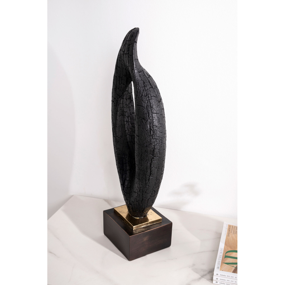 Escultura polyresina efecto madera carbonizada negra, base dorado y negro. 18x50x12 cm