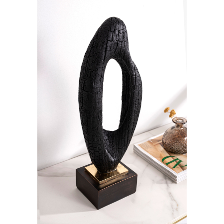 Escultura polyresina efecto madera carbonizada negra, base dorado y negro. 18x50x12 cm