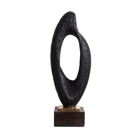 Escultura polyresina efecto madera carbonizada negra, base dorado y negro. 18x50x12 cm