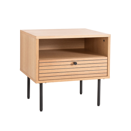 MESITA NELA 2 CAJ. CHAPA DE
ROBLE Y DM NEGRO. 
PATAS METAL NEGRO.