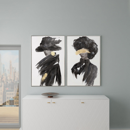 CUADRO AL ÓLEO CHICA EN BLANCO Y NEGRO Y ORO 80*120CM