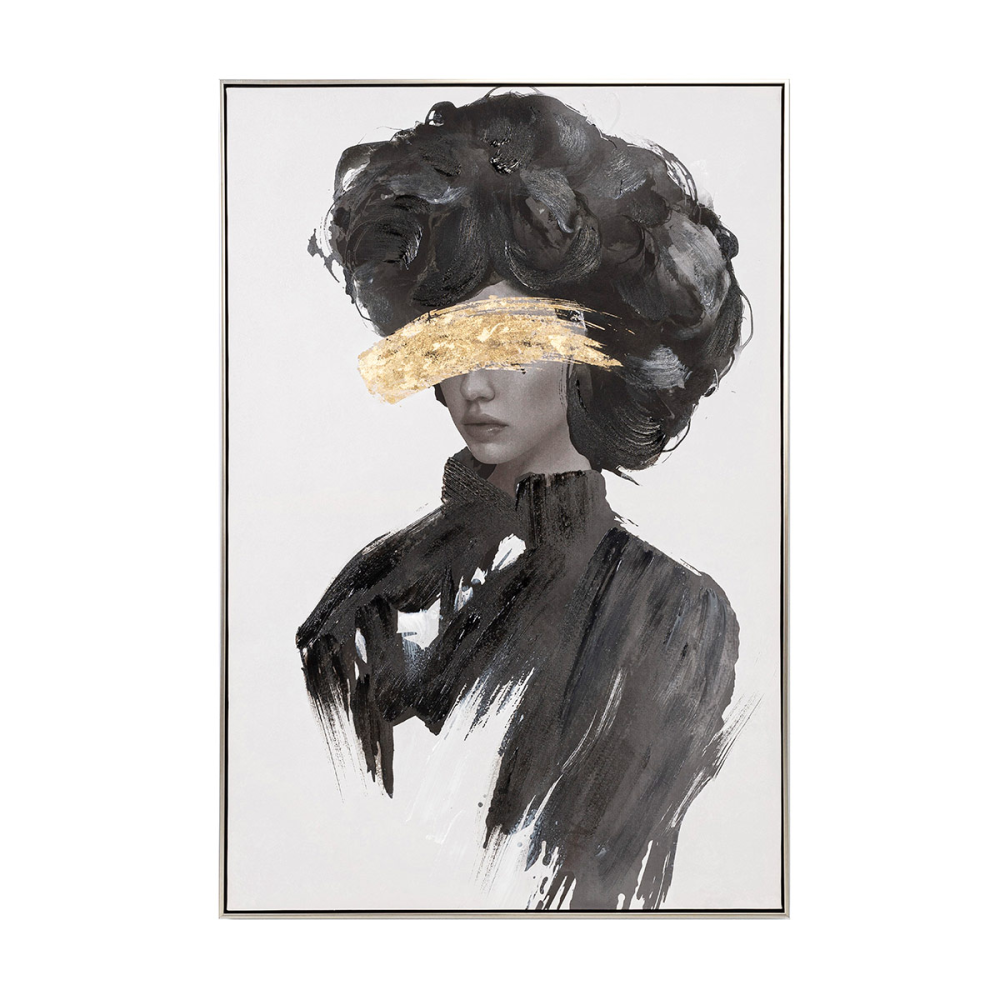 CUADRO AL ÓLEO CHICA EN BLANCO Y NEGRO Y ORO 80*120CM