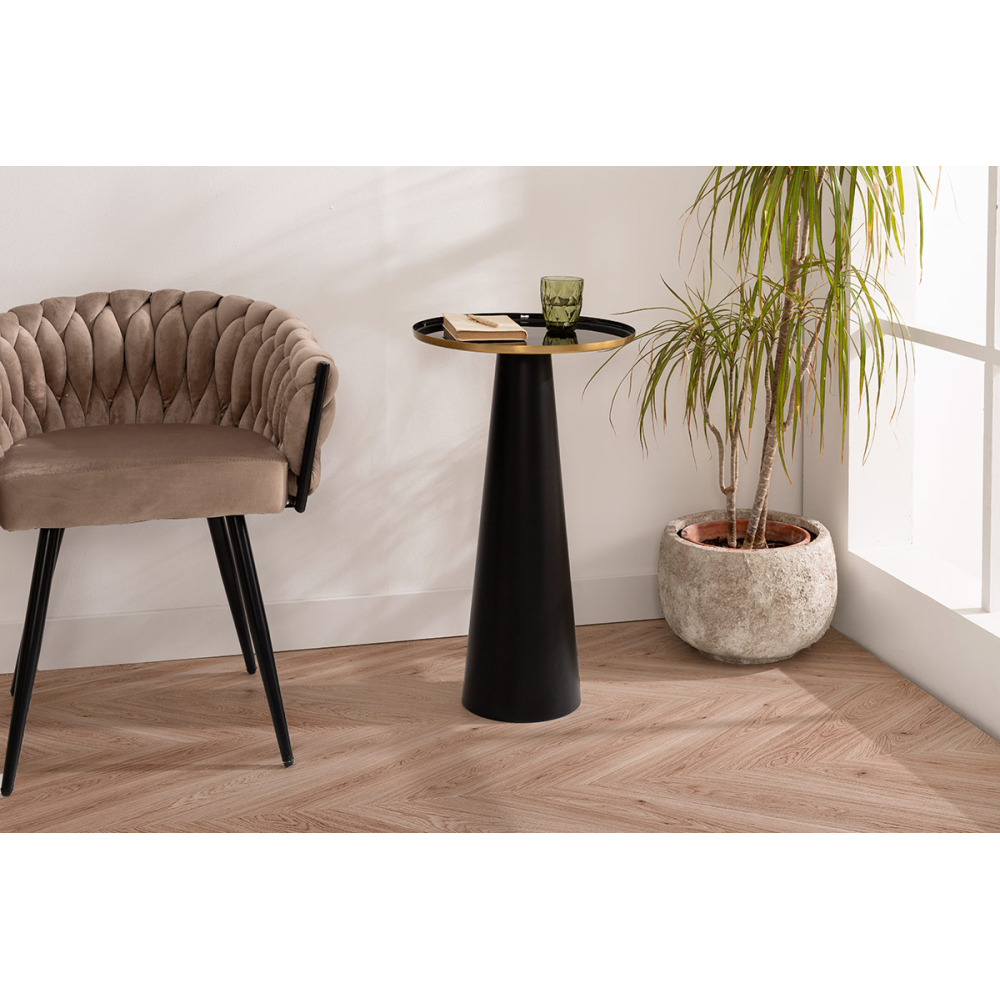 MESA AUXILIAR 71*40*40 CM. BASE METAL ESMALTADO NEGRO CON RIBETE DORADO EN TAPA