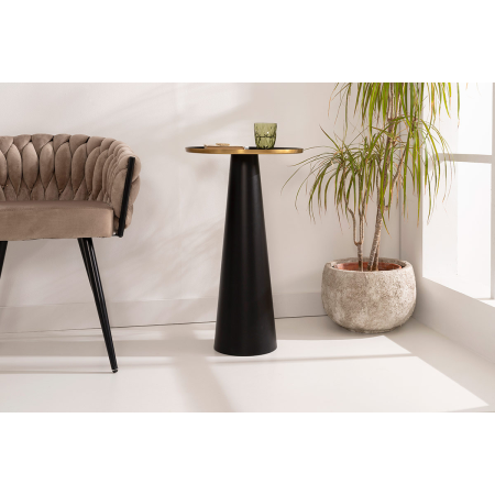 MESA AUXILIAR 71*40*40 CM. BASE METAL ESMALTADO NEGRO CON RIBETE DORADO EN TAPA