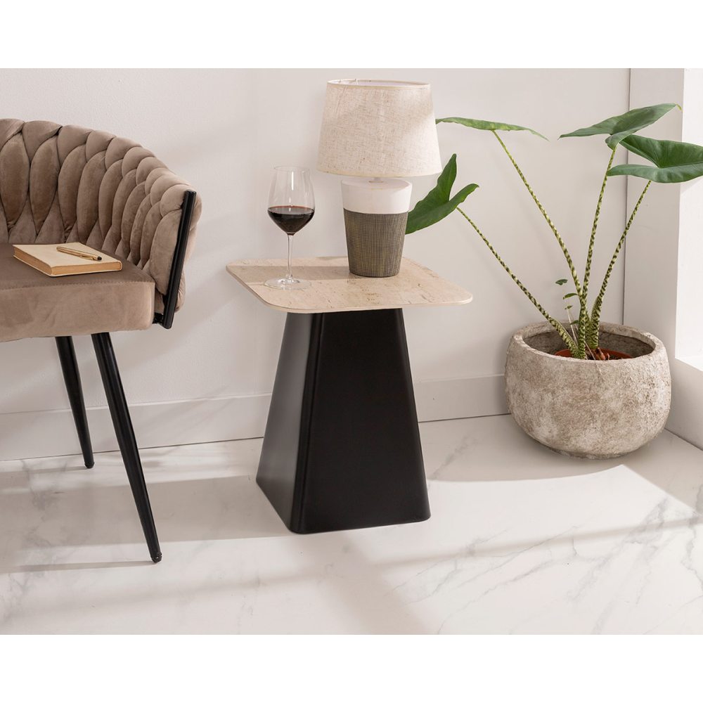 MESA AUXILIAR 47*40*40 CM. BASE METAL NEGRO Y TAPA MARMOL TRAVERTINO