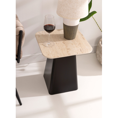 MESA AUXILIAR 47*40*40 CM. BASE METAL NEGRO Y TAPA MARMOL TRAVERTINO