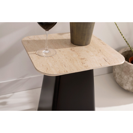 MESA AUXILIAR 47*40*40 CM. BASE METAL NEGRO Y TAPA MARMOL TRAVERTINO