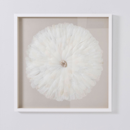 CUADRO VITRINA 80*80 CM, MARCO BLANCO CON PLUMAS Y PIEDRA CRISTAL