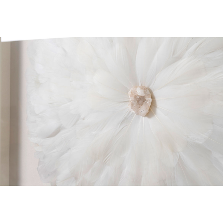 CUADRO VITRINA 80*80 CM, MARCO BLANCO CON PLUMAS Y PIEDRA CRISTAL