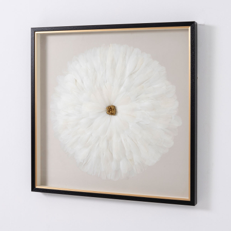 CUADRO VITRINA 80*80 CM, MARCO NEGRO Y DORADO, PLUMAS BLANCAS