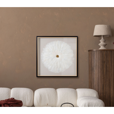 CUADRO VITRINA 80*80 CM, MARCO NEGRO Y DORADO, PLUMAS BLANCAS