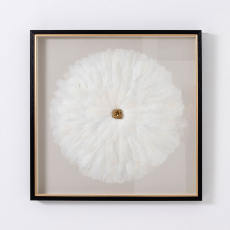 CUADRO VITRINA 80*80 CM, MARCO NEGRO Y DORADO, PLUMAS BLANCAS