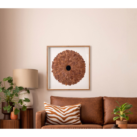 CUADRO VITRINA 100*100 CM, MARCO ROBLE Y PLUMAS CORAL CON PIEDRA CRISTAL