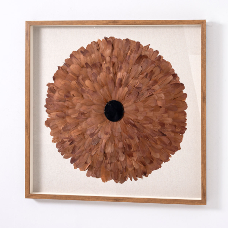 CUADRO VITRINA 100*100 CM, MARCO ROBLE Y PLUMAS CORAL CON PIEDRA CRISTAL