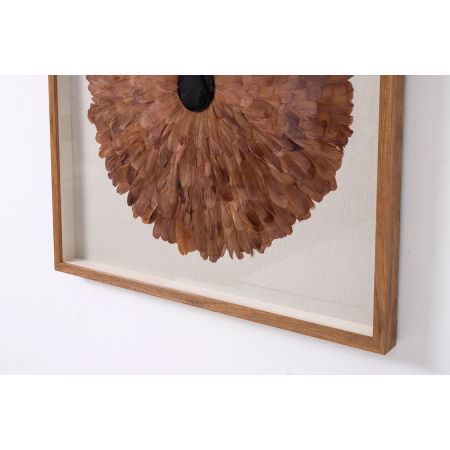 CUADRO VITRINA 100*100 CM, MARCO ROBLE Y PLUMAS CORAL CON PIEDRA CRISTAL