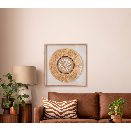 CUADRO VITRINA 100*100 CM, MARCO ROBLE, ESCULTURA FIBRA NATURAL Y CONCHAS MARINAS