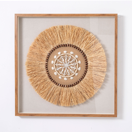 CUADRO VITRINA 100*100 CM, MARCO ROBLE, ESCULTURA FIBRA NATURAL Y CONCHAS MARINAS