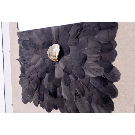 CUADRO VITRINA 60*60 CM, CAJA METRACRILATO, ESCULTURA PLUMAS NEGRAS CON PIEDRA CRISTAL