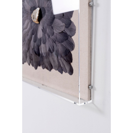 CUADRO VITRINA 60*60 CM, CAJA METRACRILATO, ESCULTURA PLUMAS NEGRAS CON PIEDRA CRISTAL