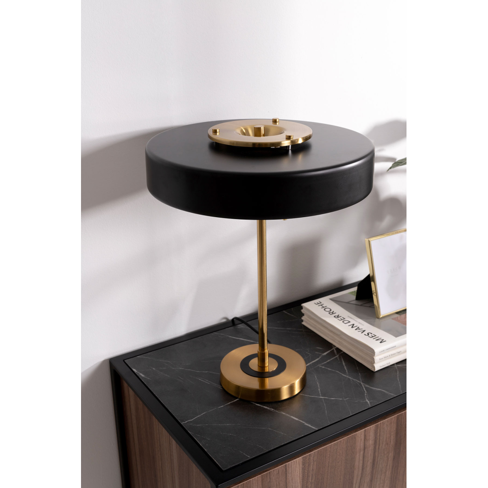 LÁMPARA ESCRITORIO 42*35 CM, PANTALLA NEGRO MATE, PIE DORADO