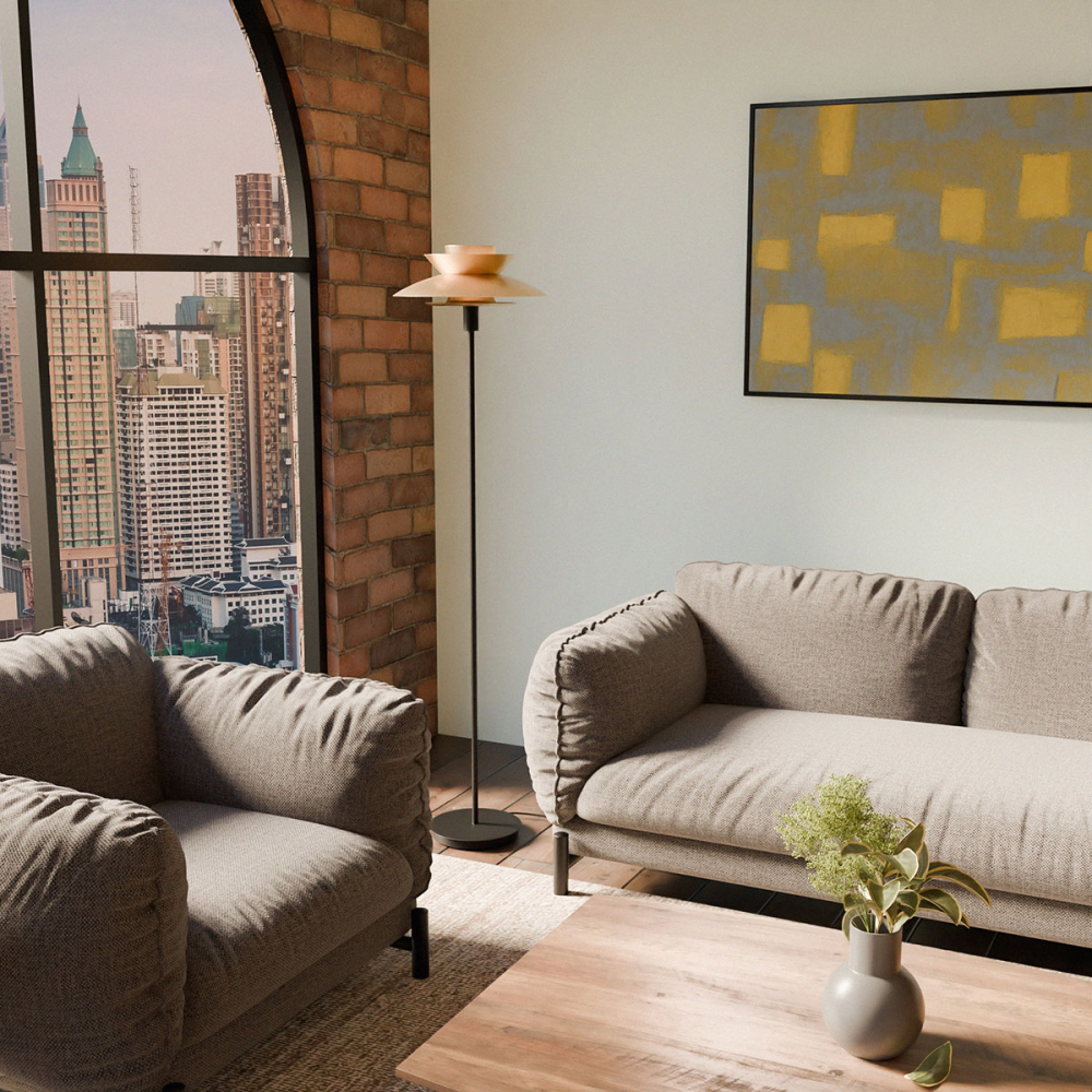 LÁMPARA PIE DINA. BASE NEGRO, PANTALLA DORADA.