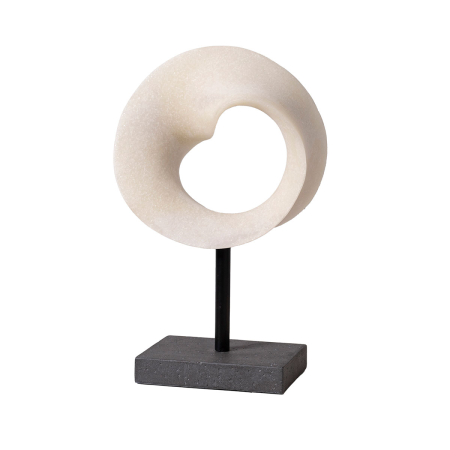 Escultura polyresina, círculo piedra blanca, base negro. 20x32x9cm