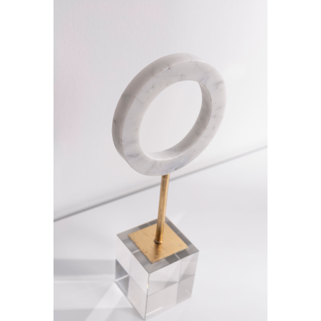 Escultura circulo mármol blanco, pie dorado con base metraquilato transparente. 12x31x7 cm
