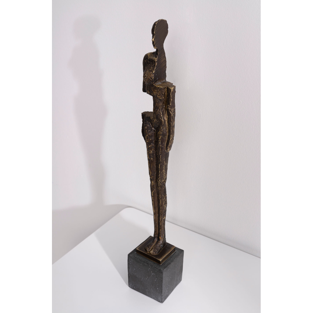 Escultura polyresina, figura humana efecto bronze y pie efecto piedra gris. 8x48x8 cm