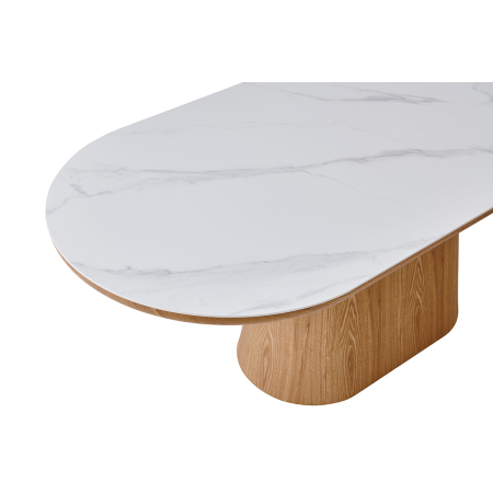 MESA COMEDOR TAPA OVALADA 200*90*75CM, TAPA PORCELANICO BLANCO, PIE CHAPA ROBLE