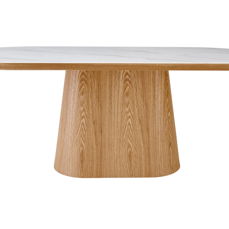 MESA COMEDOR TAPA OVALADA 200*90*75CM, TAPA PORCELANICO BLANCO, PIE CHAPA ROBLE