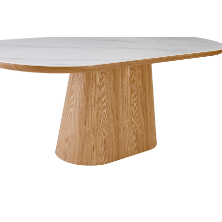 MESA COMEDOR TAPA OVALADA 200*90*75CM, TAPA PORCELANICO BLANCO, PIE CHAPA ROBLE