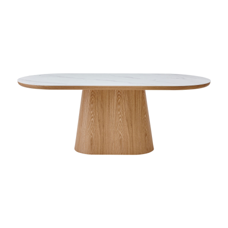 MESA COMEDOR TAPA OVALADA 200*90*75CM, TAPA PORCELANICO BLANCO, PIE CHAPA ROBLE