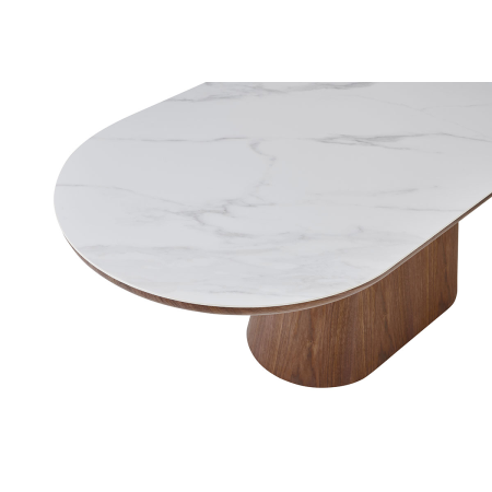 MESA COMEDOR TAPA OVALADA 200*90*75CM, TAPA PORCELANICO BLANCO, PIE CHAPA NOGAL
