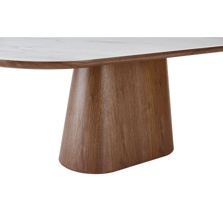 MESA COMEDOR TAPA OVALADA 200*90*75CM, TAPA PORCELANICO BLANCO, PIE CHAPA NOGAL